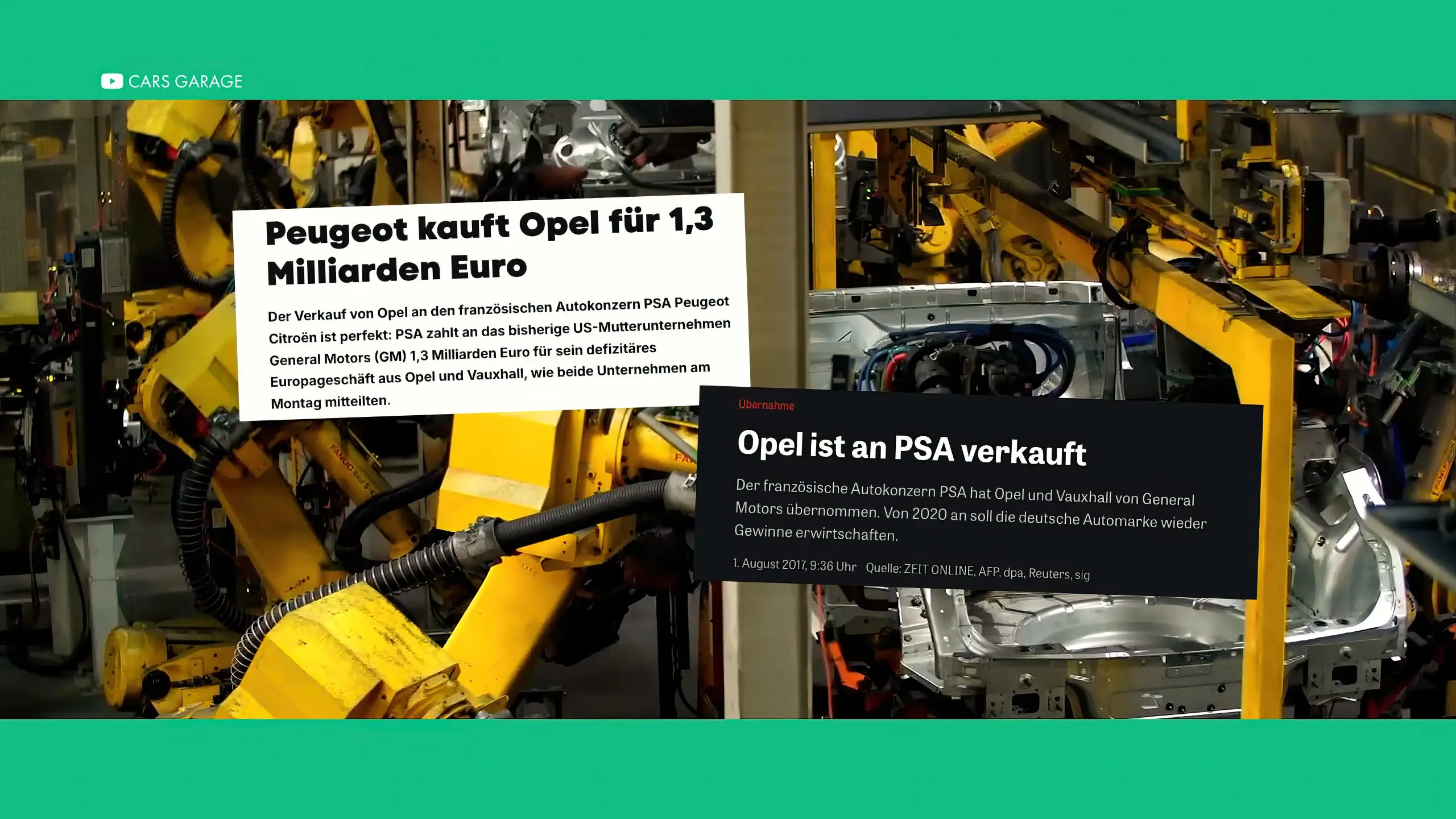 Industrieroboter in der Autofertigung mit Meldungen zum Verkauf von Opel an PSA/Peugeot.