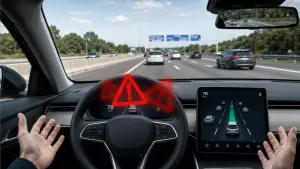 Autofahrt auf der Autobahn: Hände weg vom Lenkrad, rotes Warnsymbol im Cockpit des Assistenzsystems.