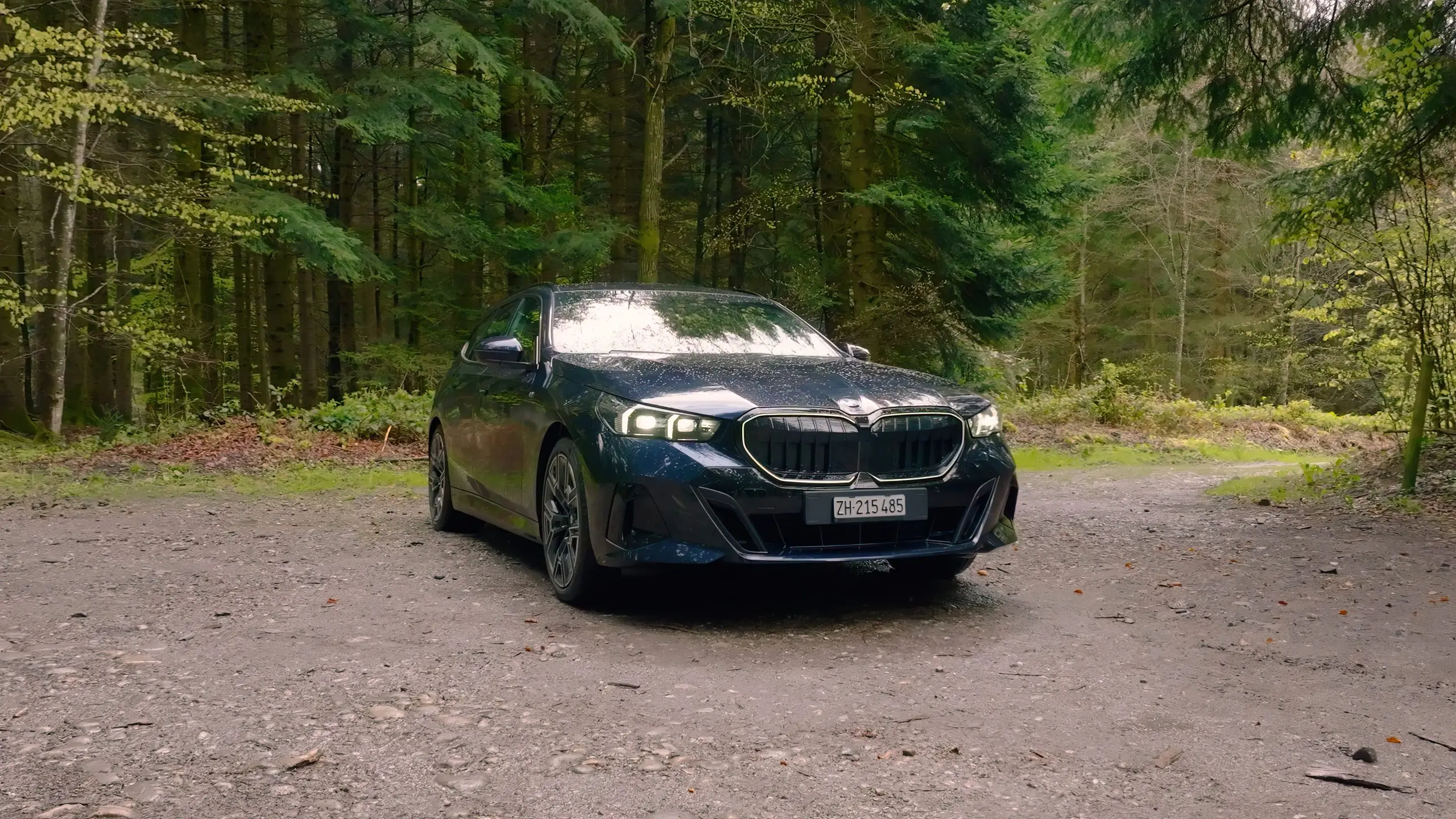 Dunkler BMW 540d Touring steht frontal auf einem Kiesplatz im Wald.