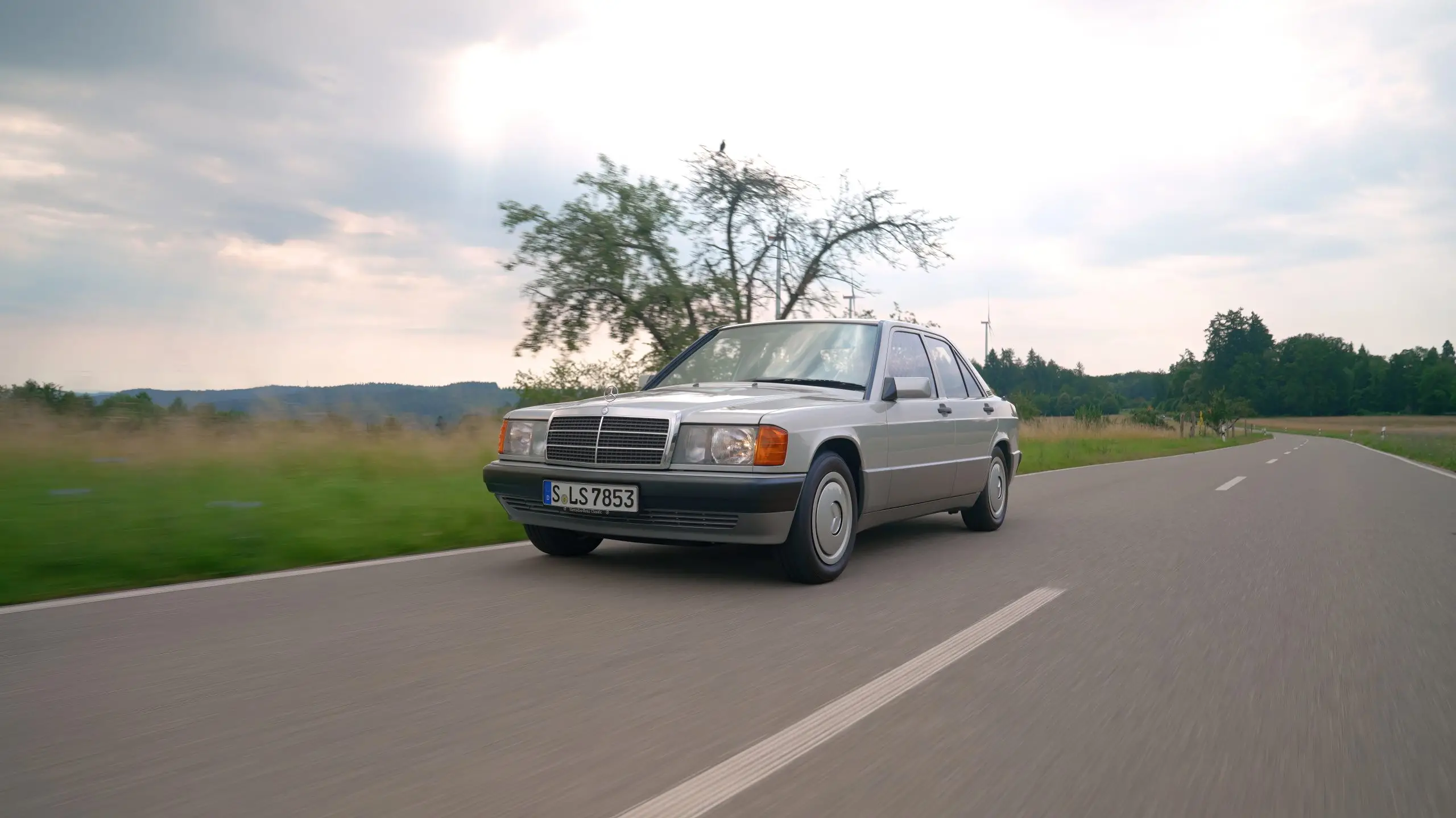 Ein silberner Mercedes 190 E fährt auf einer Landstrasse durch eine weite Wiesenlandschaft.